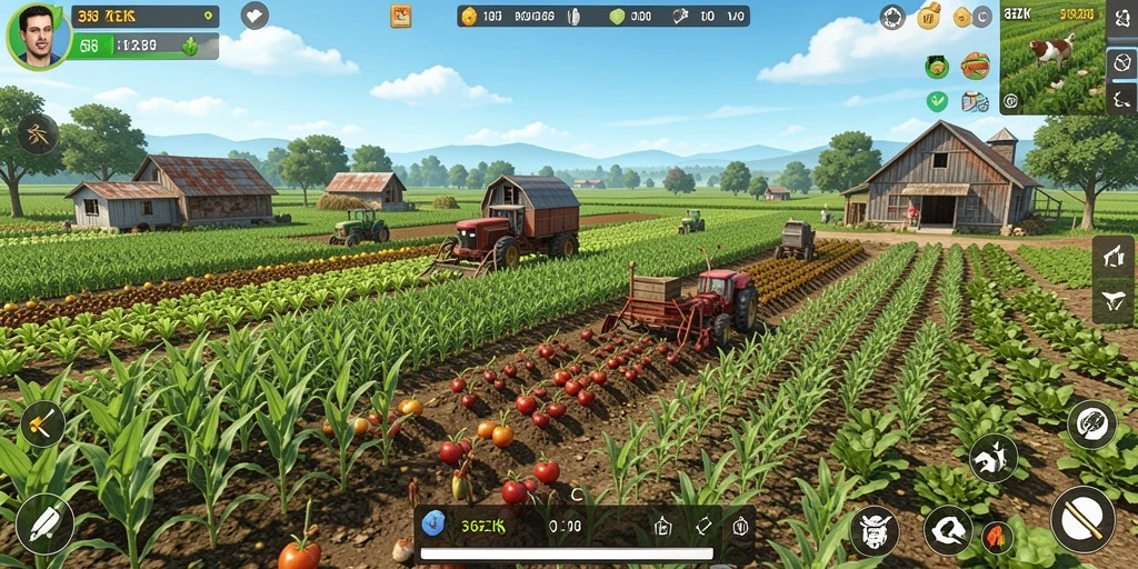 Screenshot gameplay 365ZK menampilkan kebun hijau yang subur.