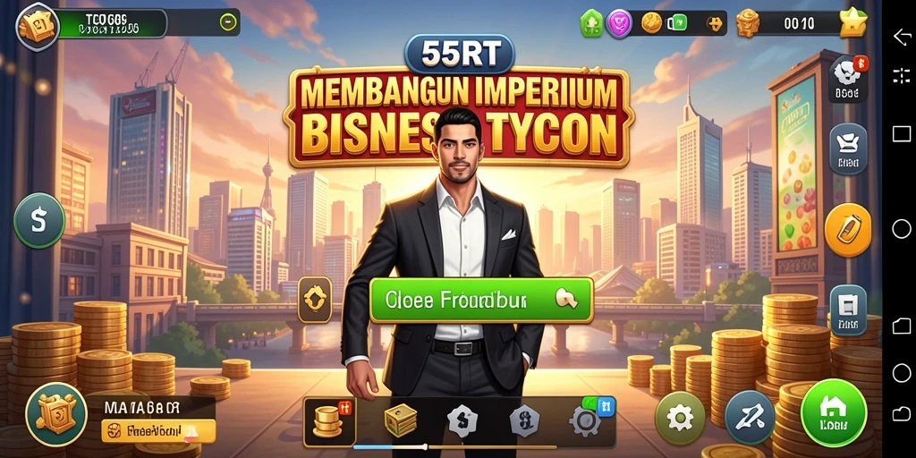 Tampilan gameplay 55RT yang dinamis dalam membangun bisnis Tycoon.