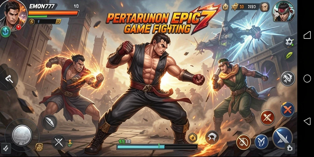 Tampilan gameplay EMON777 yang penuh aksi di arena pertarungan.