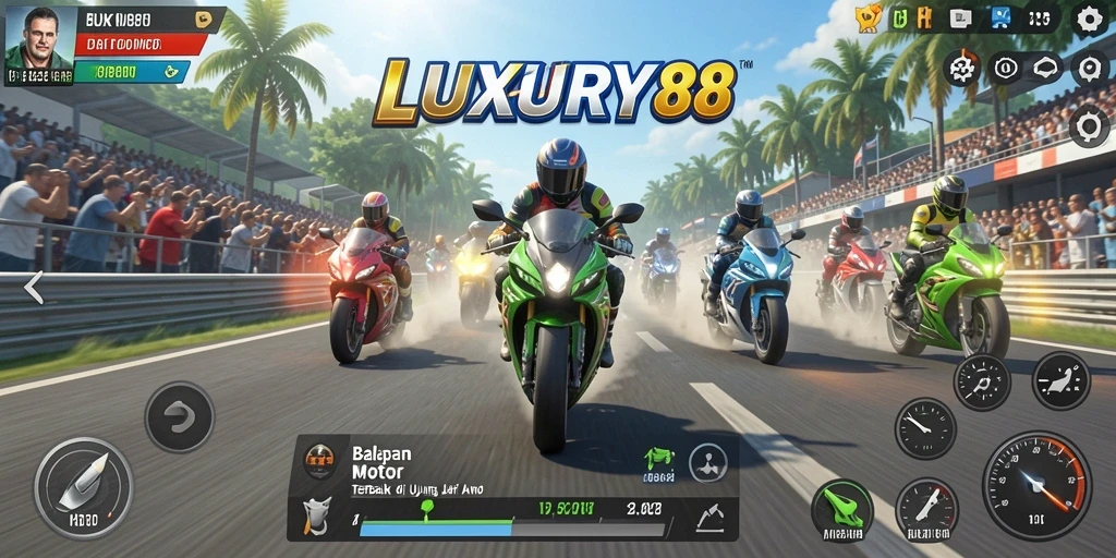 Screenshot LUXURY88 menunjukkan aksi balapan motor yang mendebarkan.