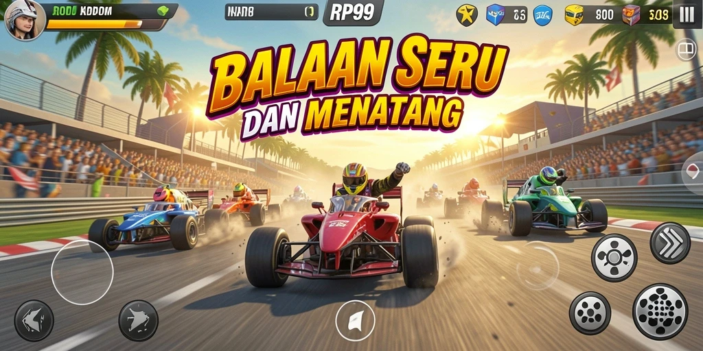 Screenshot gameplay menampilkan aksi balapan seru di trek yang menantang.